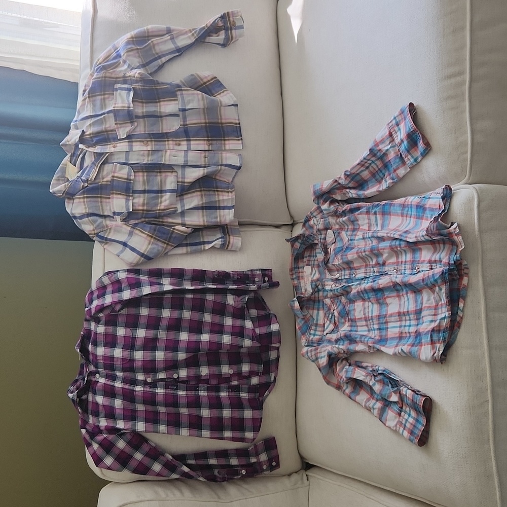 3 Long Sleeve Button Down Plaid Shirts Size 10-12.